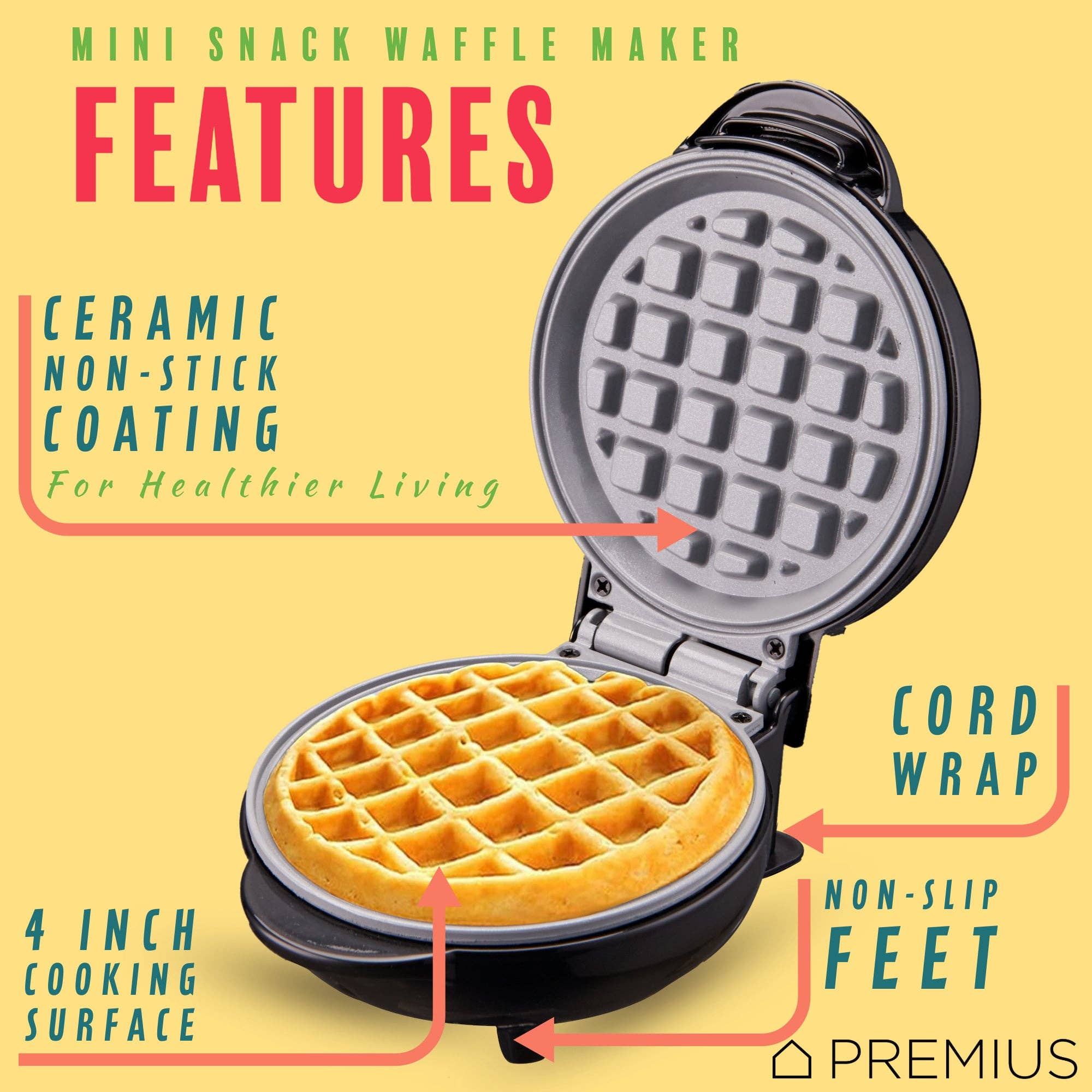 ShopBobbys - Wholesale Kitchen Appliance - PREMIUS Ceramic Non-Stick Mini Snack Waffle Maker, 4 Inch Mold8