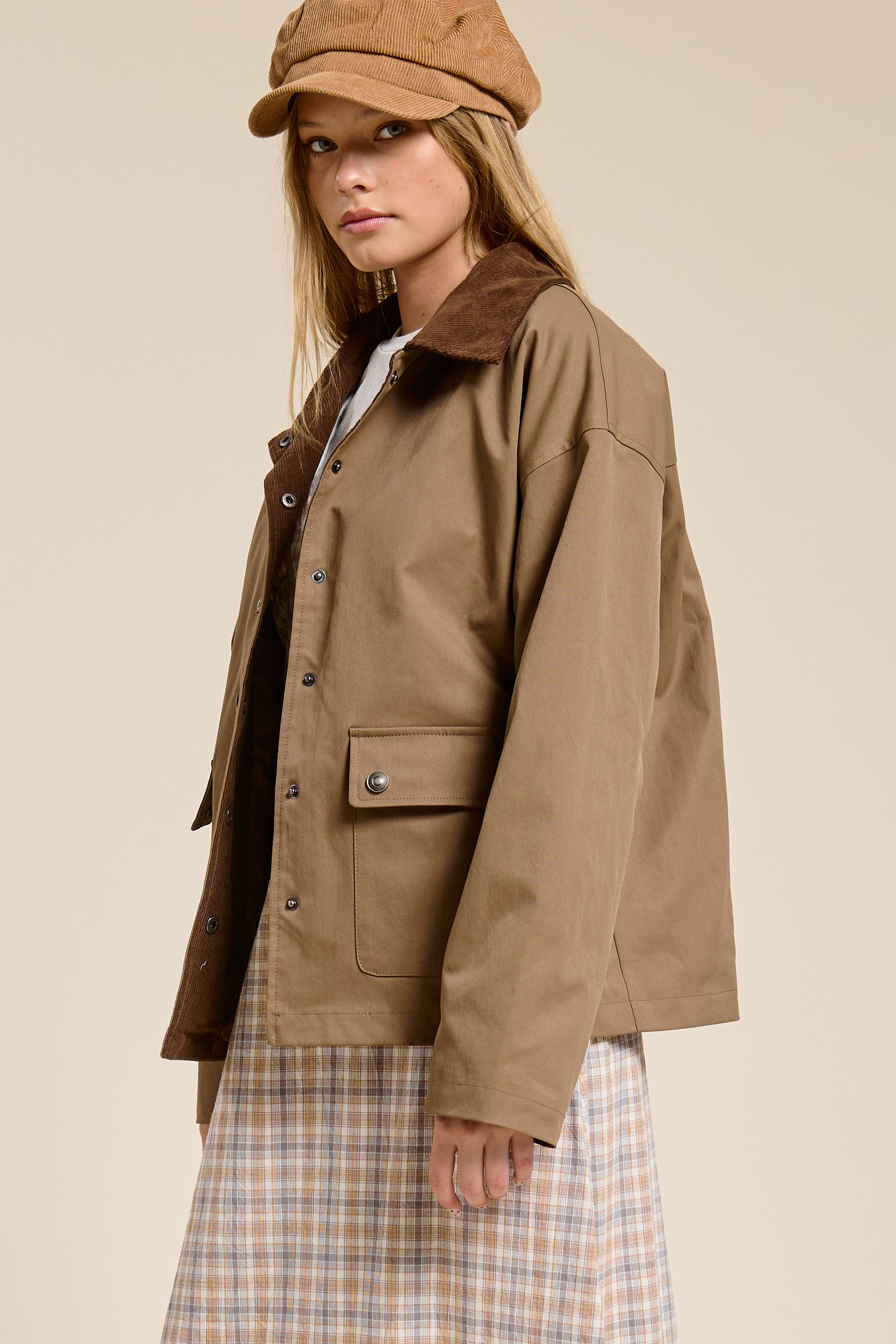 Brown Barn Jacket with Corduroy Collar and Snap Pockets for wholesale on Faire2