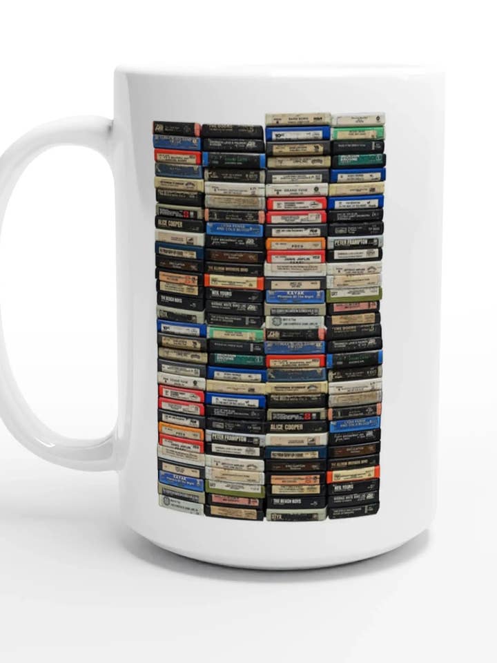 "Stacks of 8-Tracks" White 15oz Ceramic Mug for wholesale by Amp'd Apparel Company