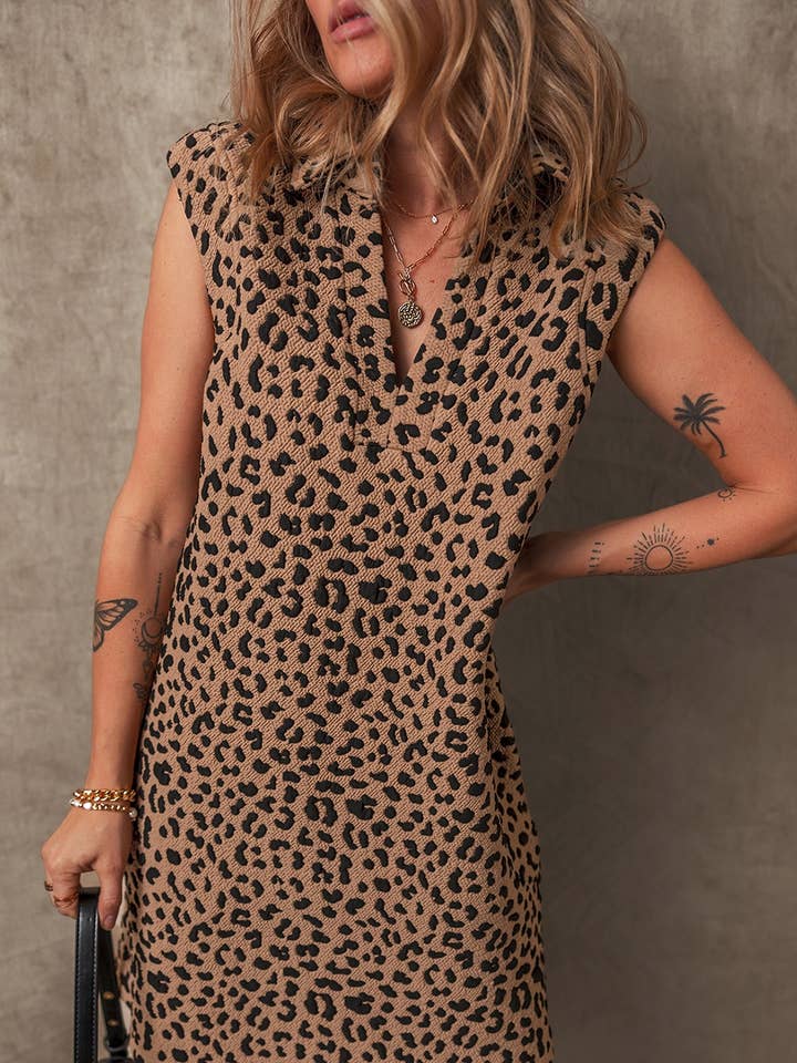 KHAKI Leopard Print V Neck Sleeveless Collared Mini Dress for wholesale on Faire0