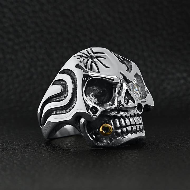 WJW – wholesale Cocktail/statement ring – Stainless Steel Skull Smoking 18K Gold PVD Coated Cigar And Single CZ Eye Ring