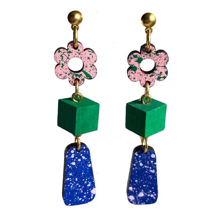 Brincos pendentes florais em rosa, verde e azul por atacado de Shock of Grey