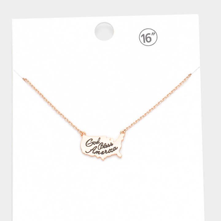 Brass Metal God Bless America USA Map Pendant Necklace for wholesale by Sensibling Corp.