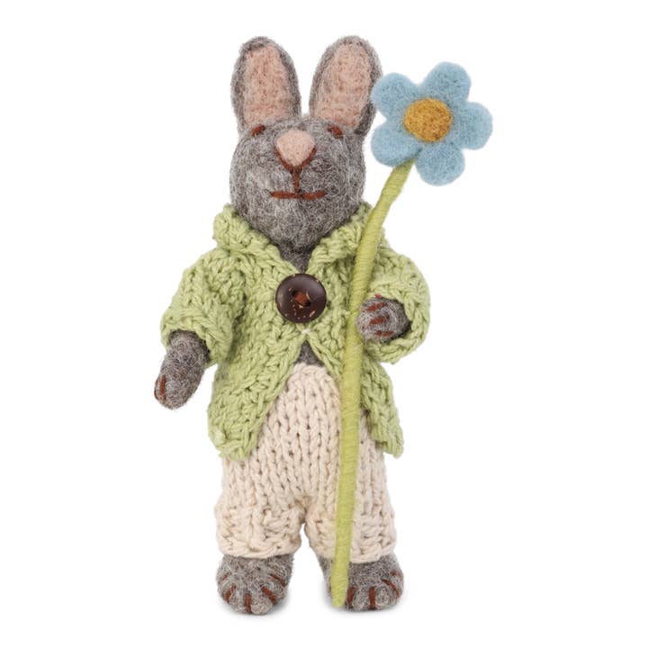 Grey Bunny w/Jacket, Pants & Blue Anemone with String for wholesale by Gry and Sif
