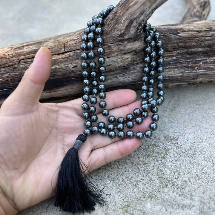 Lungta Imports – Colar de contas de oração por atacado – Mala Natada à Mão com Hematita Natural, Terço 108 Miçangas2