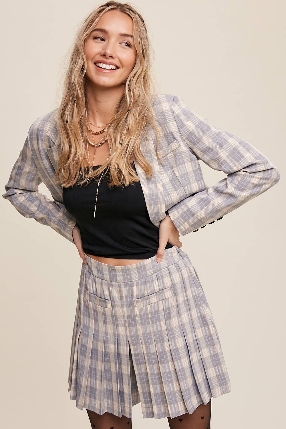 Listicle - Wholesale Top & Short Set (NOT Loungewear) - Women's - Plaid Cropped Blazer & Pleated Skort Set LSET1251