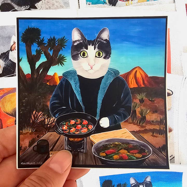 Adesivo in vinile "Gatto Chef in campeggio a Joshua Tree" per la vendita all'ingrosso da parte di MeerCatArt