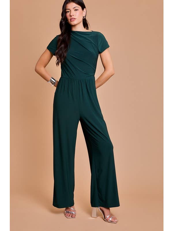 Hunter Green Cowl Tunic Neck Short Slevee Jumpsuit for wholesale on Faire