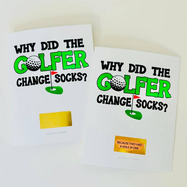Why DId The Golfer Change Socks? Scratch-Off Joke Camp Card for wholesale by Sunny Marshmallow