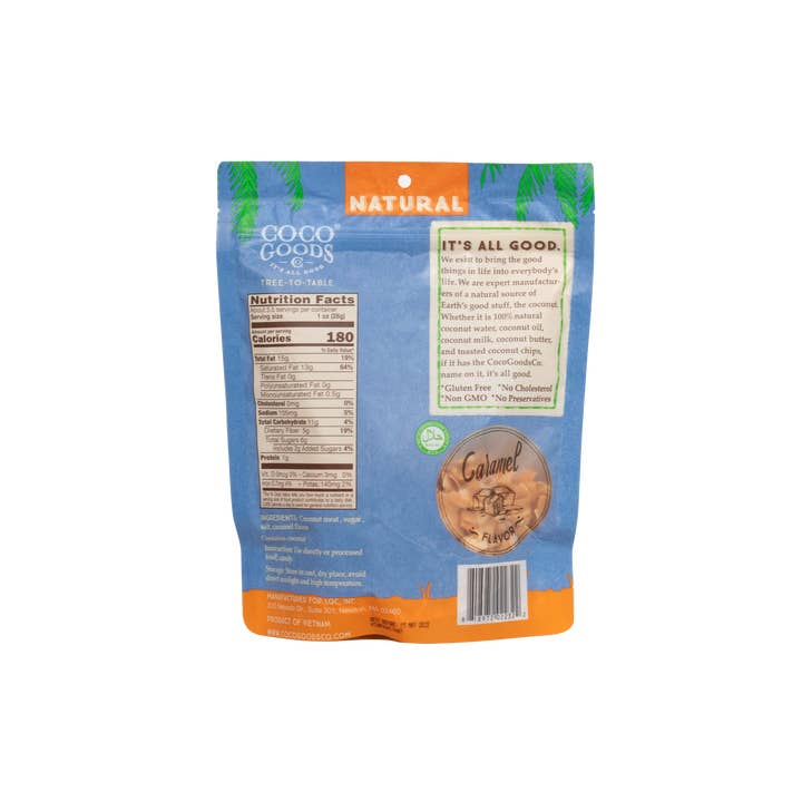 CocoGoods Co - Wholesale Crisps - Natural Toasted Coconut Chips, Caramel 3.5 oz Zip Lock Bag1