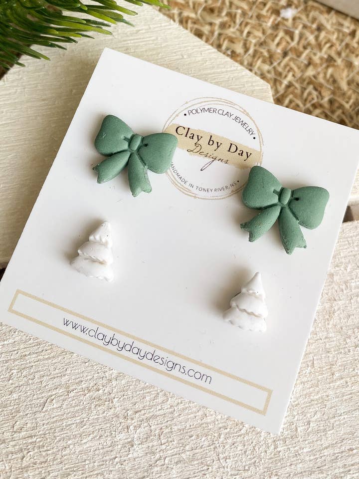 Green Bow & White Tree- Christmas/Winter Earrings for wholesale by Clay by Day Designs
