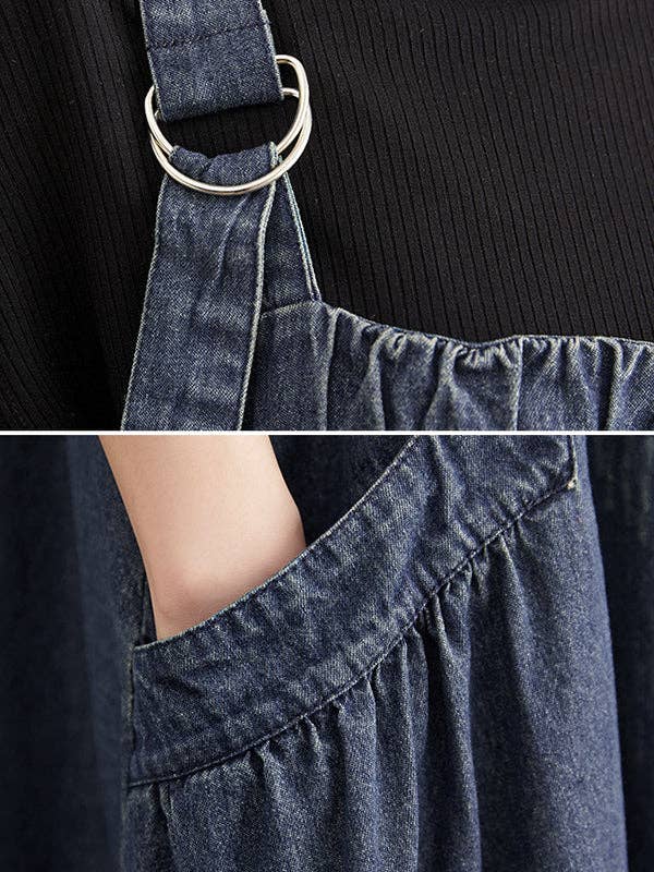 BLÅ Vintage løs kunstnerisk retro ensfarvet rem denim midikjole for engroshandel på Faire8