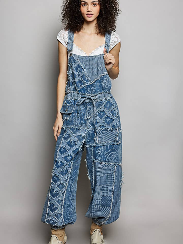 Mono de peto vaquero de patchwork de ajuste relajado estilo boho para venta al por mayor de Pol Clothing