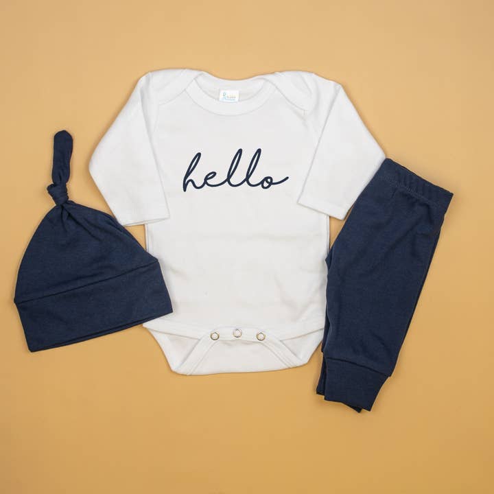 Hello in Navy | Newborn Boy Coming Home Outfit for wholesale by Cuddle Sleep Dream