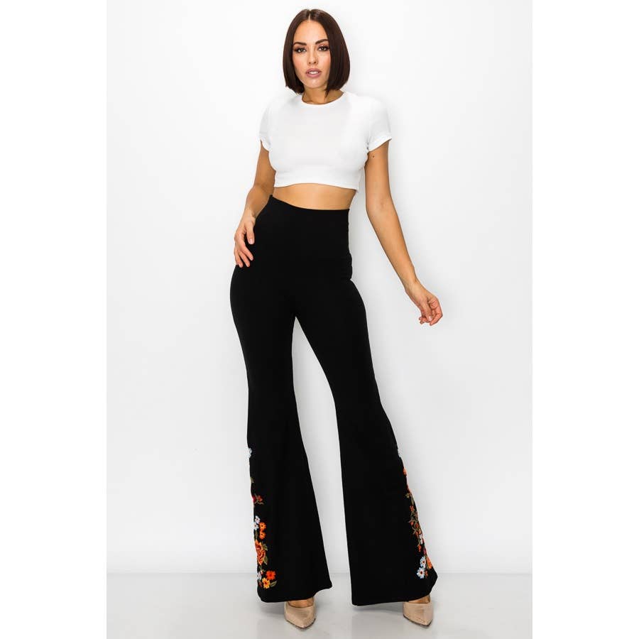 T-Party - Wholesale Pants - Women's - Floral Embroidery Flare Leg Foldover Waist Pants5
