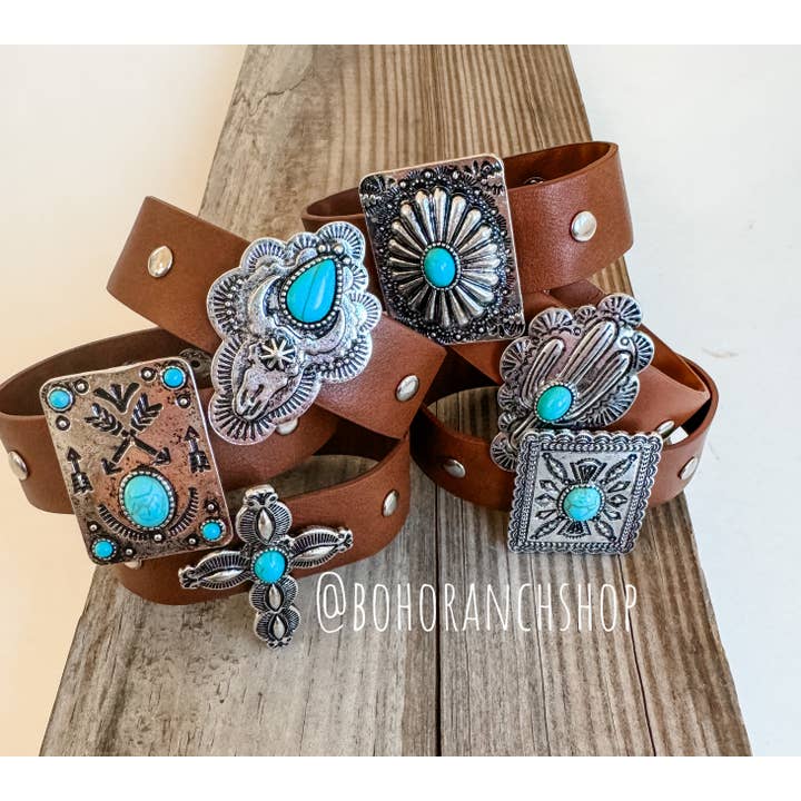 Boho Ranch Shop - Wholesale Cuff Bracelet - Western Leather Snap Cuff Bracelets - stamping concho cactus