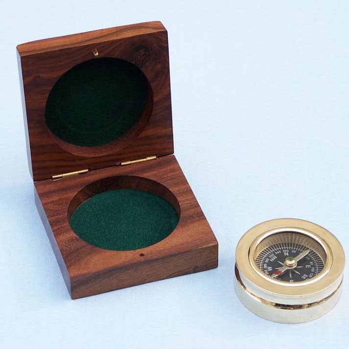 Hampton Nautical - Wholesale Navigational Compass - Brass Paperweight Compass w/ Rosewood Box 3"