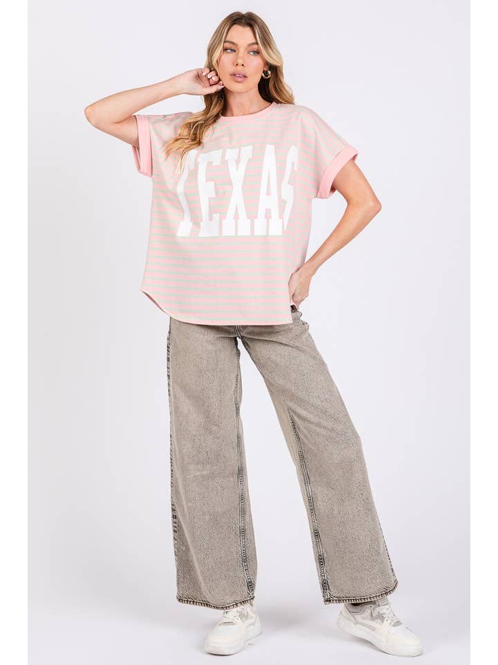 Sewn and Seen - Wholesale Screen Printed T-Shirt - Women's - TERRY STRIPED TEXSAS PRINT TOP19
