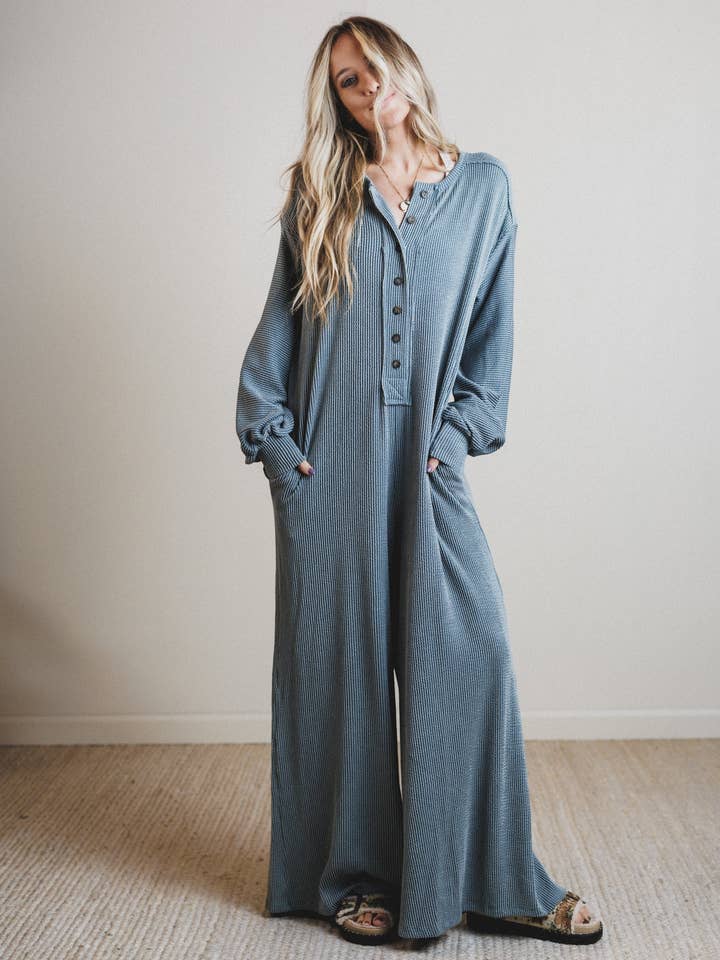 Daphne Textured Long Sleeve Jumpsuit - Seafoam for wholesale by Three Bird Nest
