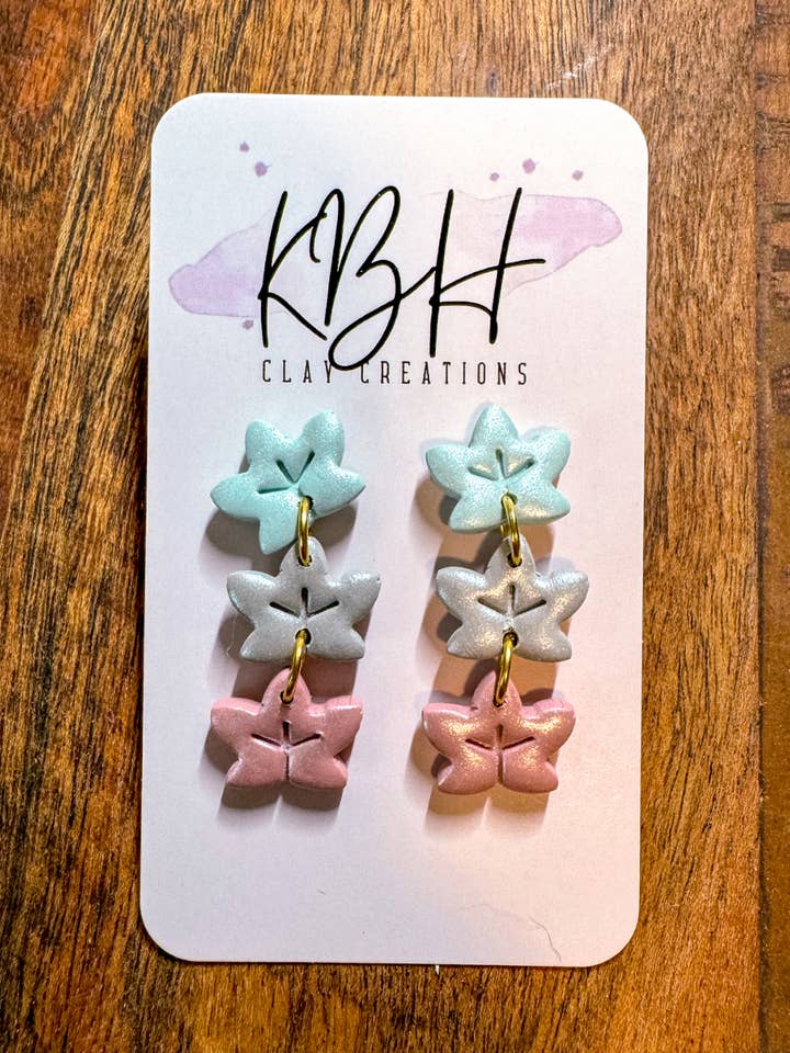 Blue, Gray and Pink Leaf Dangle Clay Earrings for wholesale by KBH CREATIONS