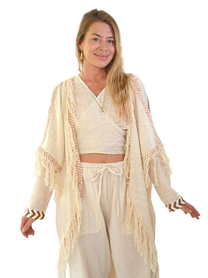 Sacred Ceremony - Wholesale Kimono - Women's - Cream Organic Cotton Shrug with Fringe