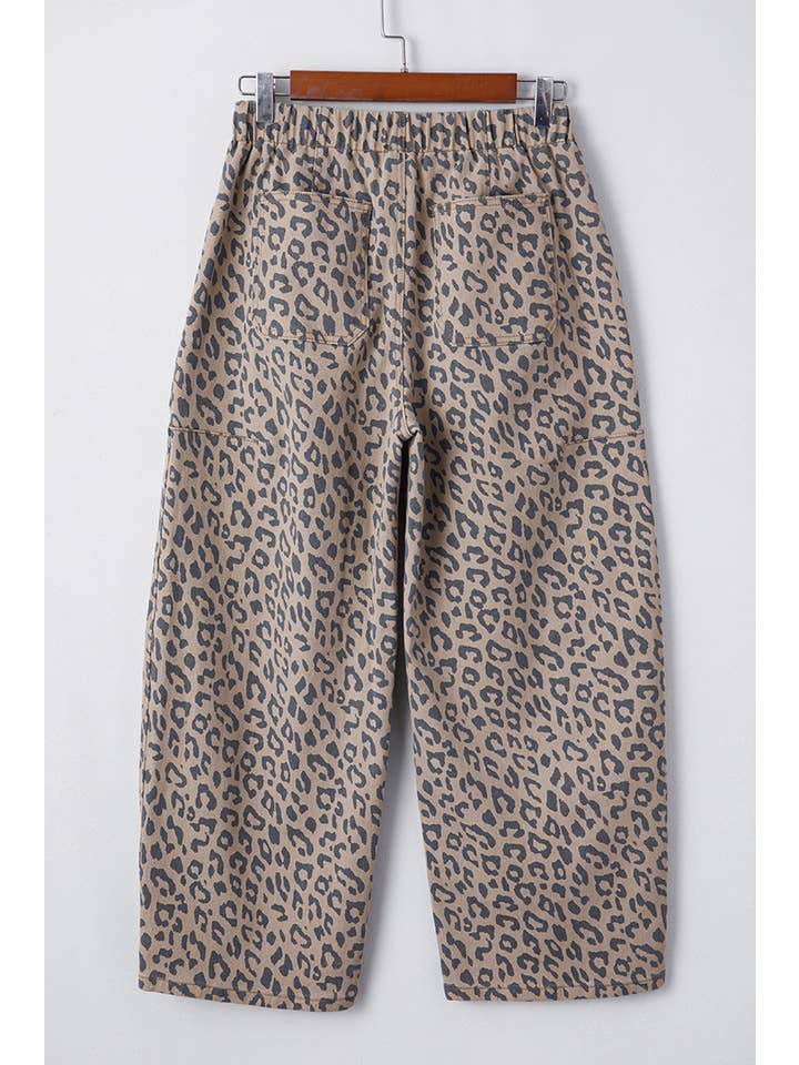 Brown LAS Leopard Drawstring Waist Pocketed Wide Leg Jeans (4-16) for wholesale on Faire4