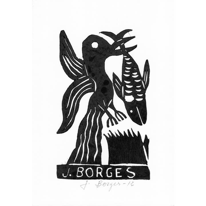 Sm. J. Borges Woodblock Print, Wide Eyed Bird w/ Fish #64 for wholesale by Tesoros Trading Company