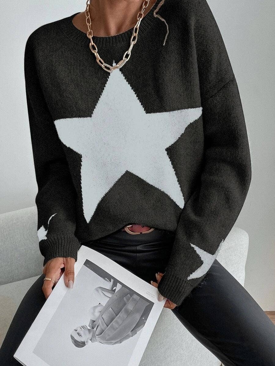 Dipped Shop - Wholesale Knit Sweater - Women's - Round Neck Star Jacquard Pullover Sweater DPT14277