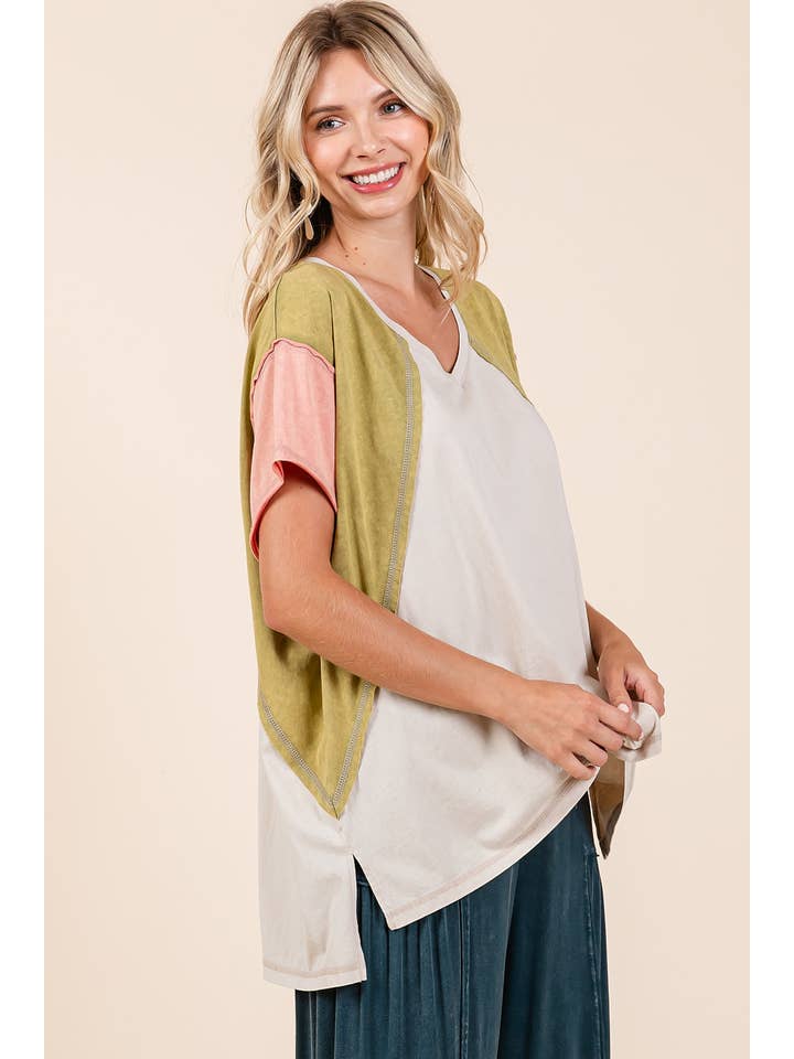 mittoshop - Wholesale Tunic - Women's - OVERSIZED COLOR BLOCK SHORT SLEEVE KNIT TOP