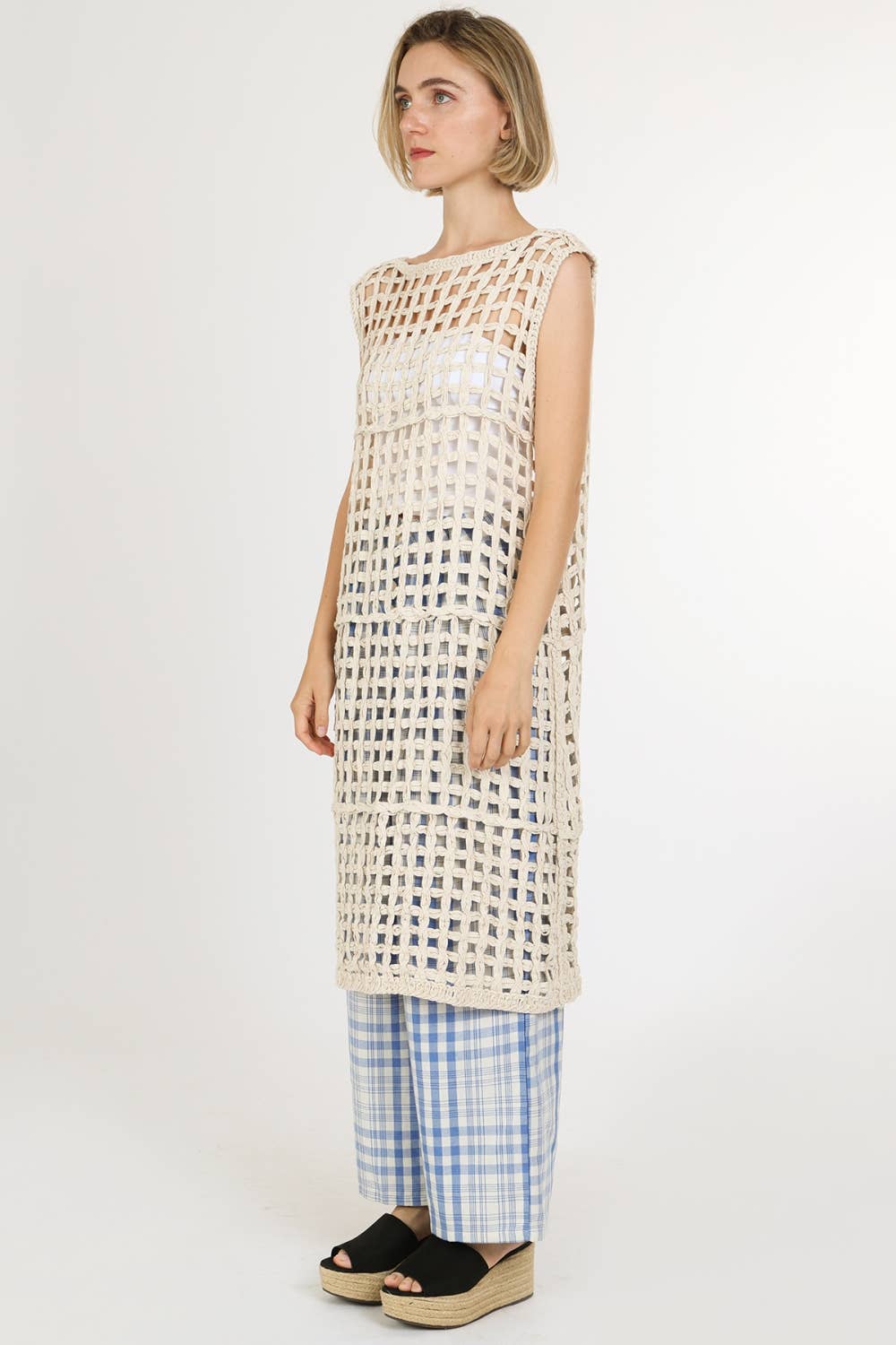 NATURAL Hollow Out Net Cable Knit Sleeveless Midi Dress QM3032 for wholesale on Faire3