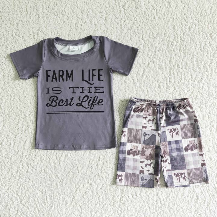 Ensembles short gris farm life pour bébé garçon pour la vente par Aier Wholesale