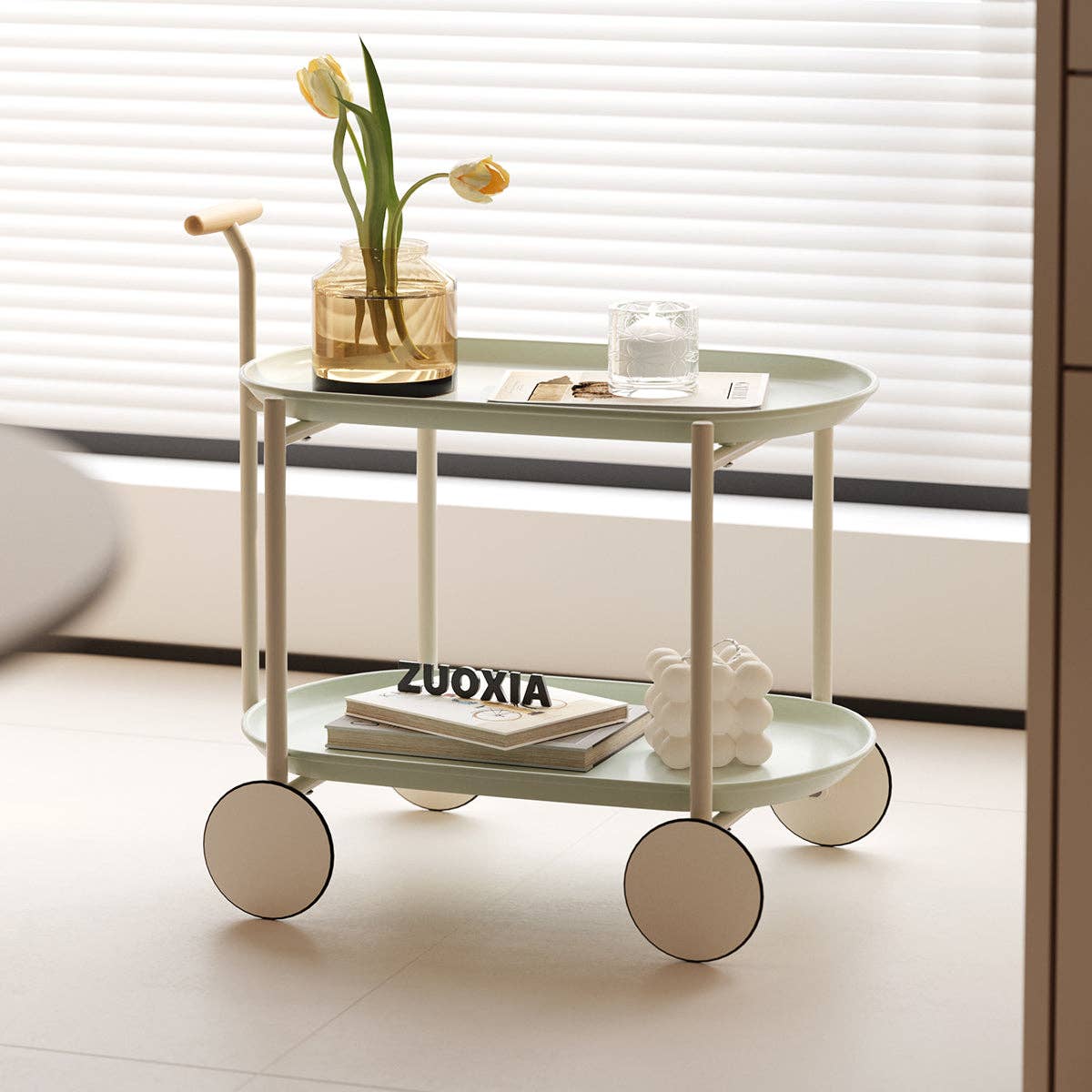 39F Inc. - Wholesale Bar Cart - Green Nordic Moon Storage Cart - Mobile Double Shelf12