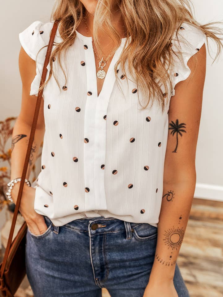 Polka Dot Print Ruffled Shoulder V Neck Tank Top for wholesale by PartyEight