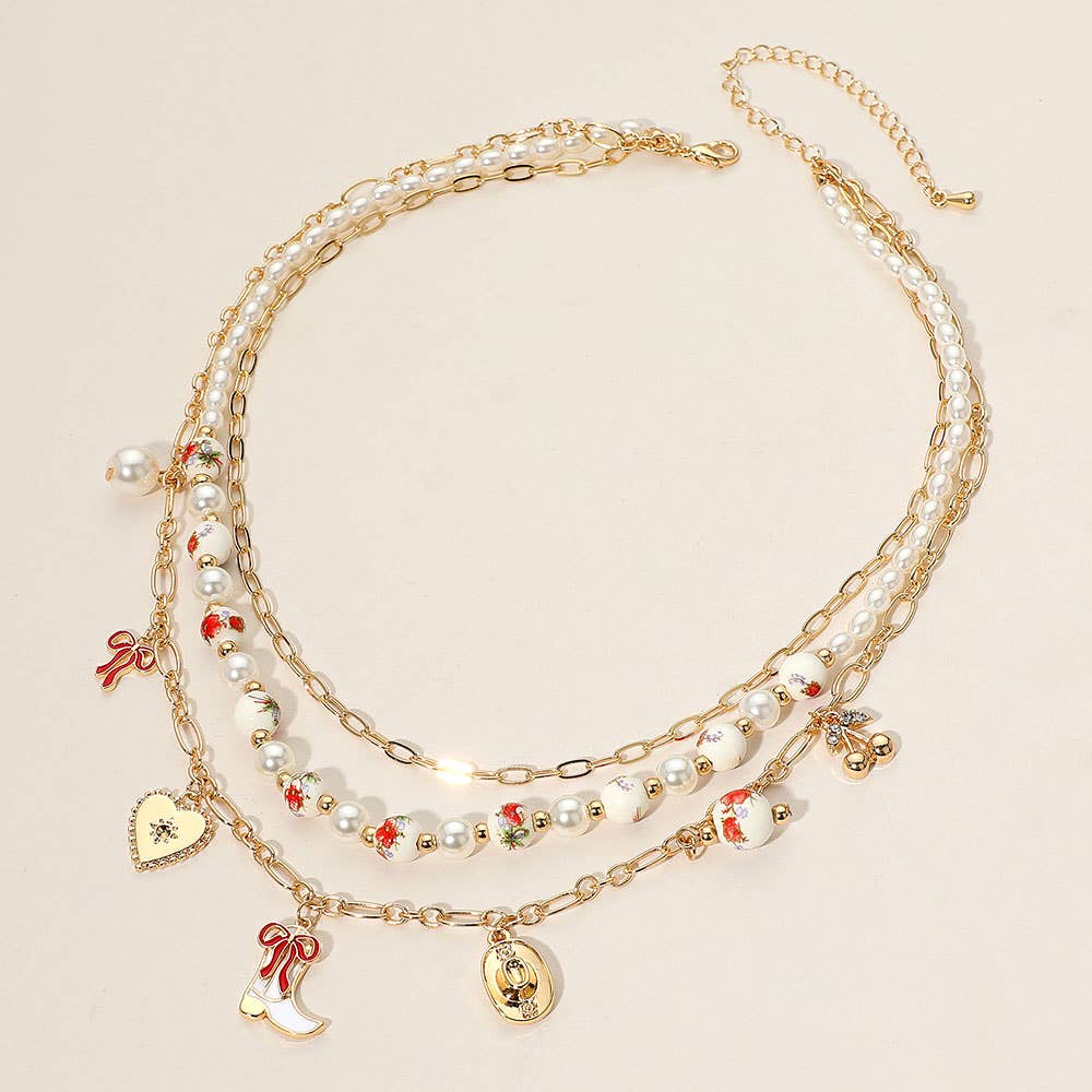 Sensibling Corp. - Wholesale Pendant/Charm Necklace - Western Cowboy Boot Hat Bow Cherry Heart Charm Station Pearl Floral Ceramic Ball Beaded Layered Necklace7