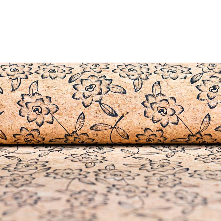 Meninas Bonitas Cork - Venta al por mayor Tela - Elegancia barroca: tela de corcho con estampado de flores negras COF-503