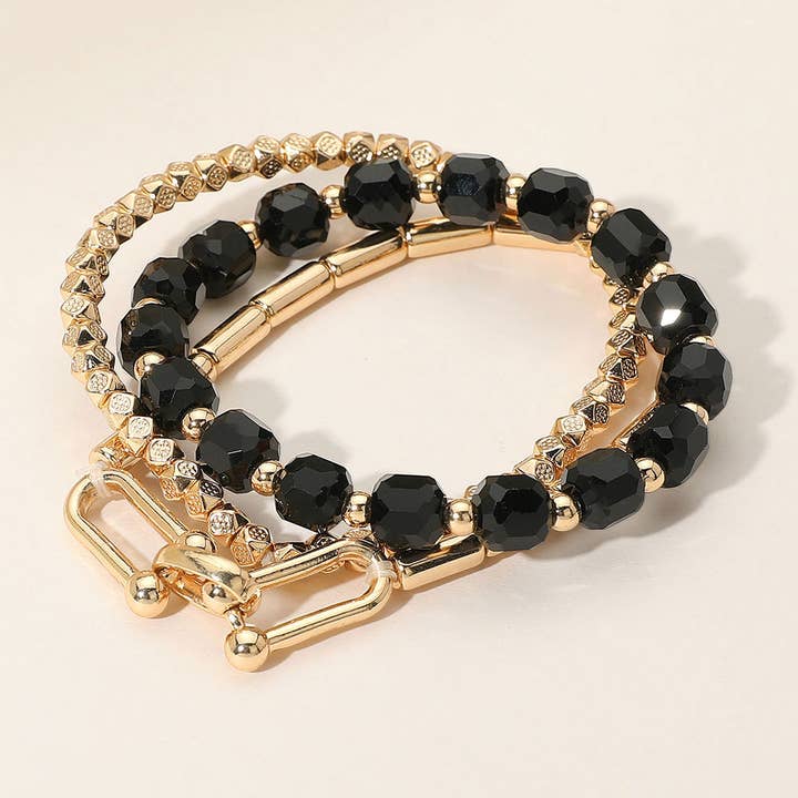 3PCS - Pulseiras Elásticas Multicamadas com Contas Facetadas de Metal Texturizado por atacado de Sensibling Corp.