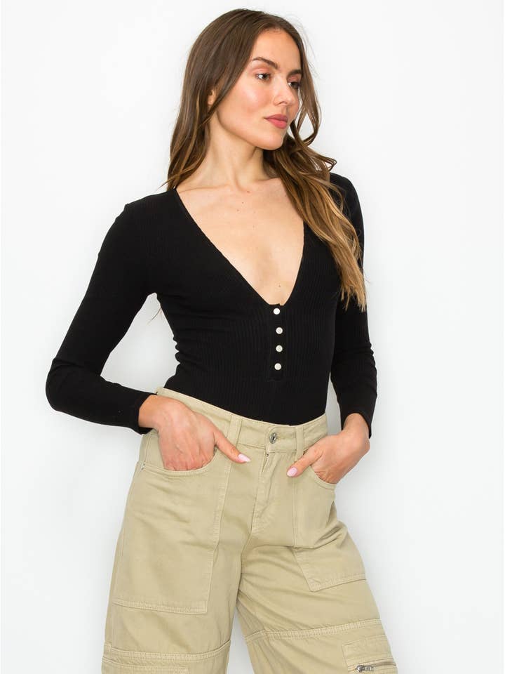 Makers of Dreams - Wholesale Bodysuit - Women's - V-neck Long Sleeve Snap Button Cotton Rib Bodysuit (Black)3