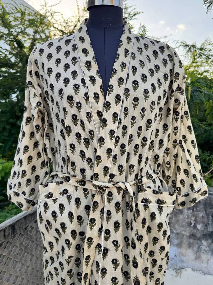 bhavnas boutique – wholesale Robe – Women's – Floral Cotton Vintage Woman's Block Print Kimono Robes 3