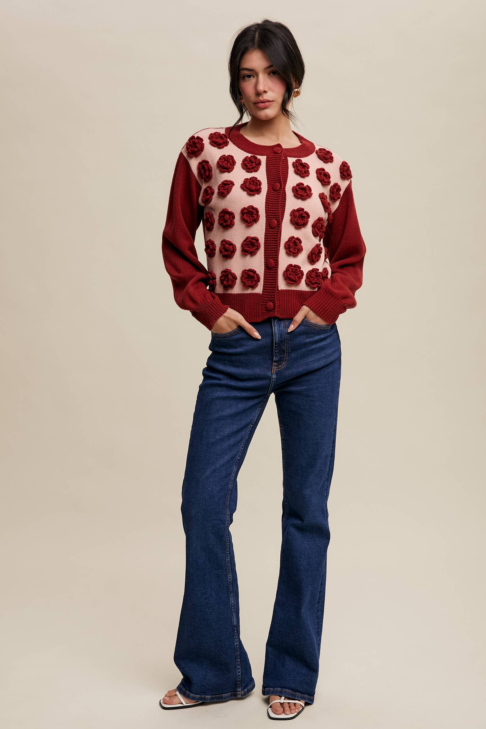 Listicle - Wholesale Cardigan - Women's - Handmade Rose Applique Knit Cardigan6