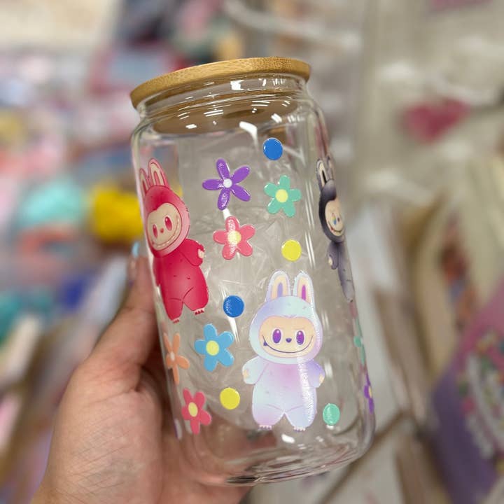 Desi design and chai - Wholesale Beer Glass/Mug - Labubu and flowers - 16 0z beer can glass  1