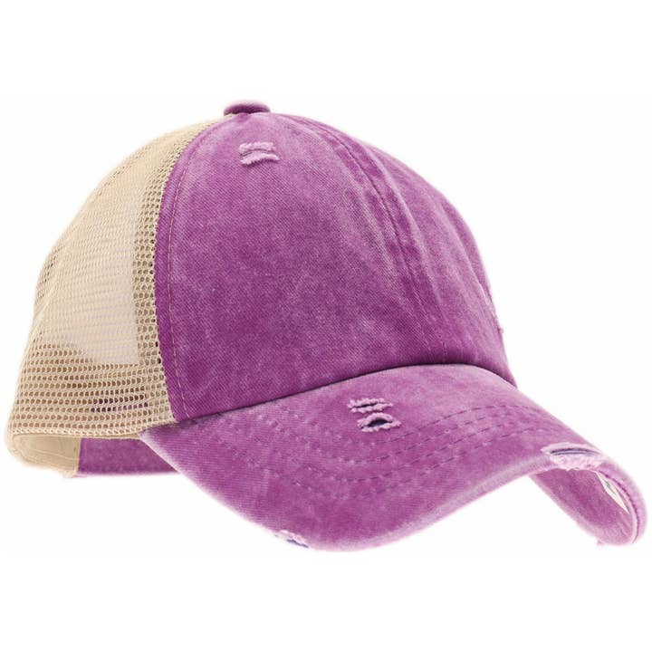C.C Beanie - Vente Casquette de baseball – enfant - Casquette à visière CC pour enfants avec queue de cheval haute croisée et effet vieilli KIDSBT7809