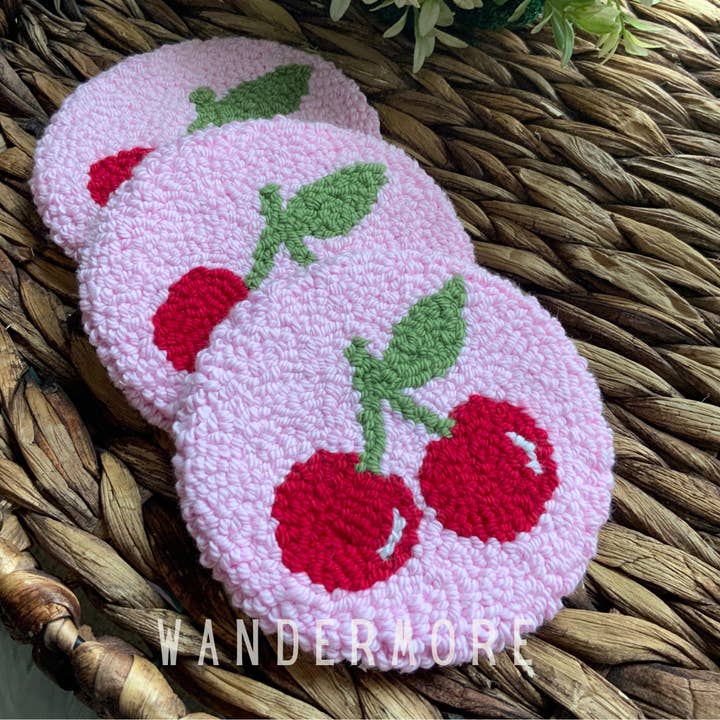 Cherry mug rug, Punch needle coasters for wholesale by Mystic Mug Rugs