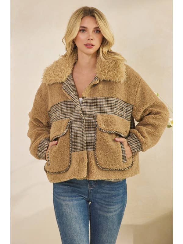MOCHA Teddy Jacket With Houndstooth Inset for wholesale on Faire