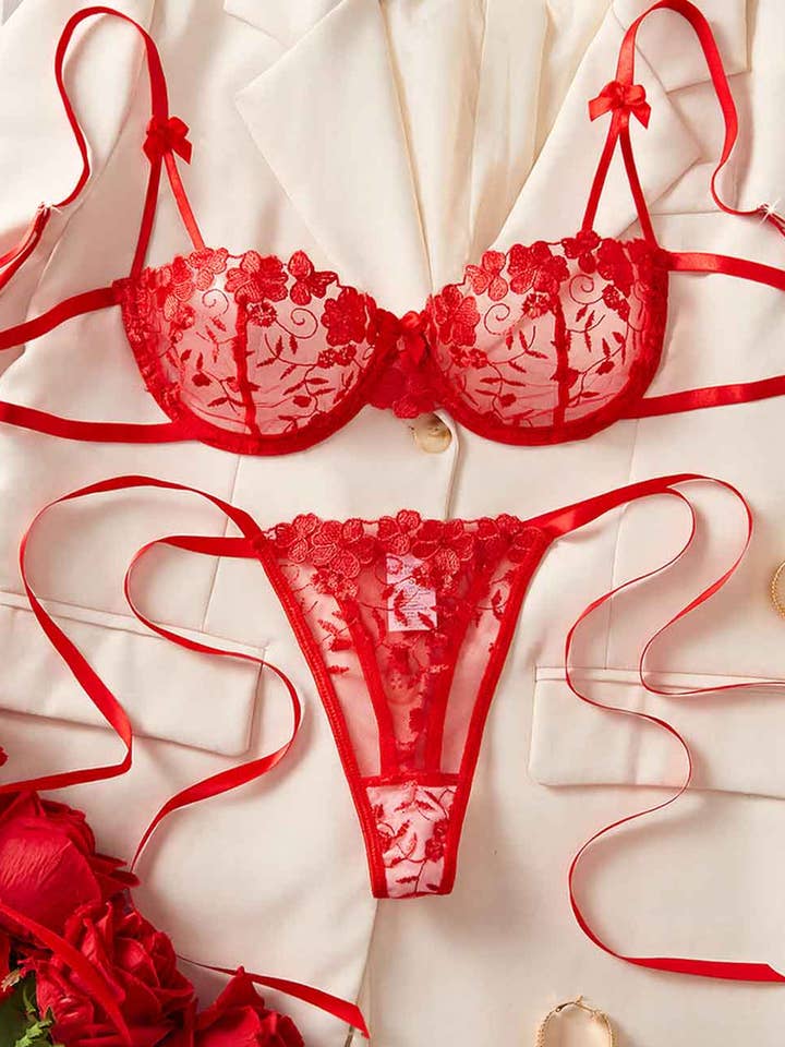 Ladies Sexy Floral Embroidery Side Tie Thong Lingerie Set for wholesale by Sweetkama