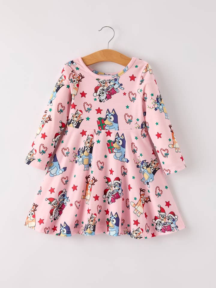 Winter Christmas Character Print Pink Girls Dress for wholesale by Rylee Faith Designs