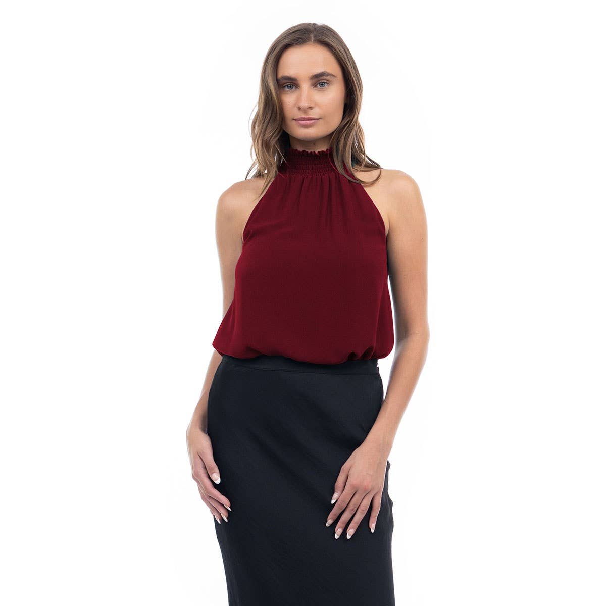 Naked Zebra Rack - Wholesale Tank Top - Women's - Halter Mock Neck Smocked Rounded Hem Top12