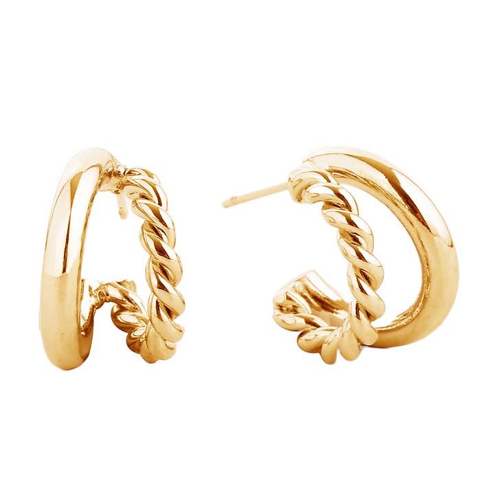 Fashion City - Wholesale Hoop Earrings - 14K Gold-Dipped Twist&Solid Double Hoop Earring