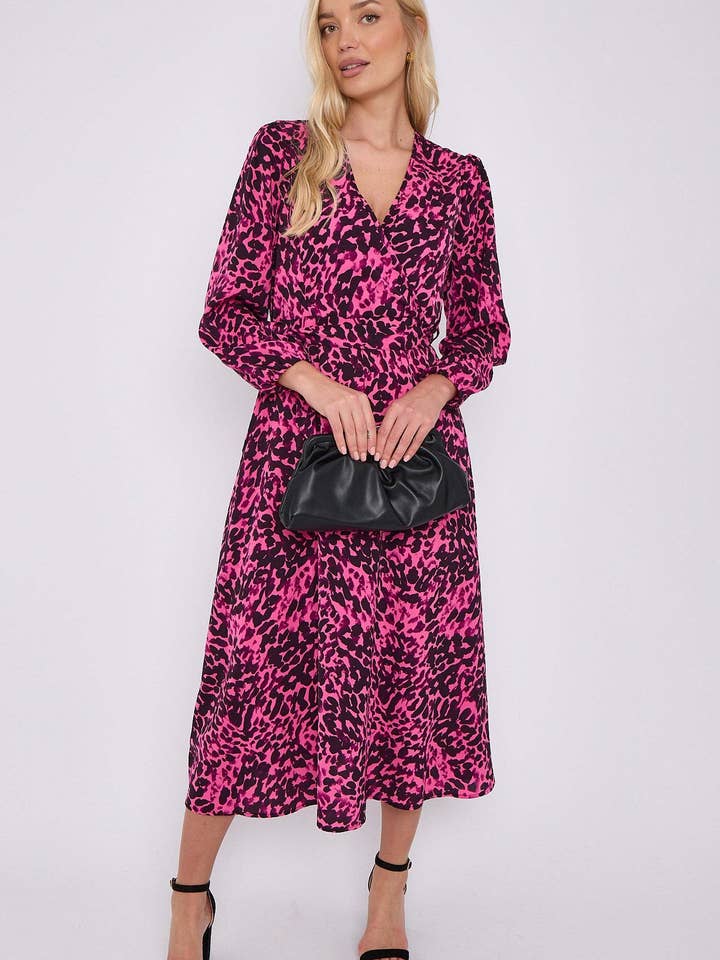 Fuchsiafarbenes Midikleid mit V-Ausschnitt und Leopardenmuster für den Großhandel von Love Sunshine Wholesale