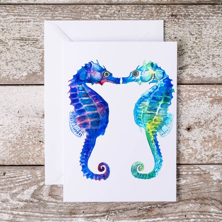 Kissing Sea Horses Watercolor Artwork 5x7 Greeting Card for wholesale by The Ship's Hold