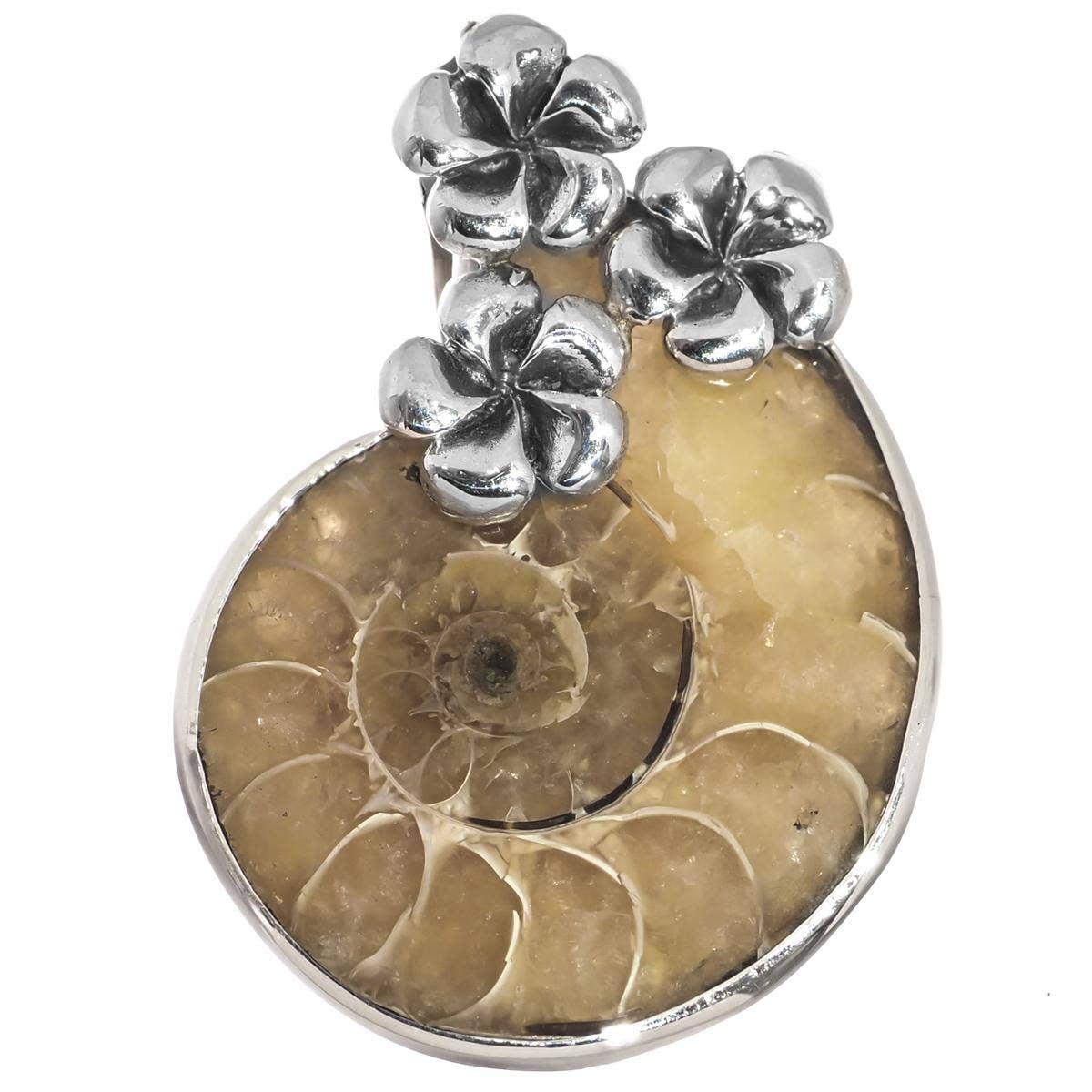 FifiRose - Vente Colliers à pendentif - Pendentif trio de fleurs fossiles d'ammonite en argent sterling 925, 3,5 cm2